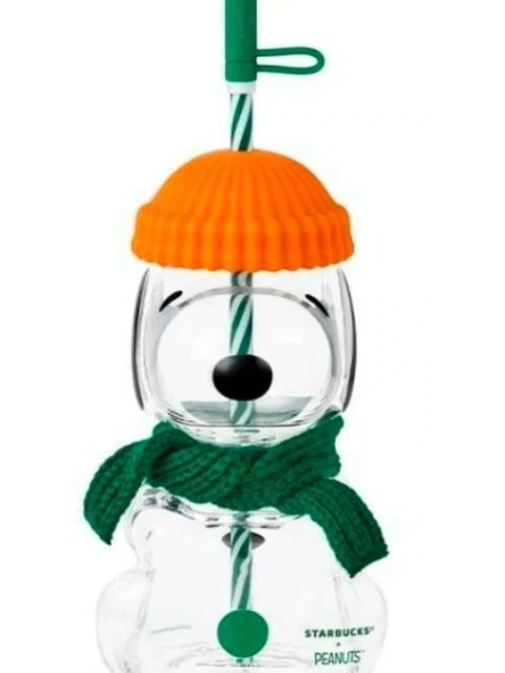 Starbucks Peanuts Snoopy Glass Cold Cup with Orange Hat & Green Scarf